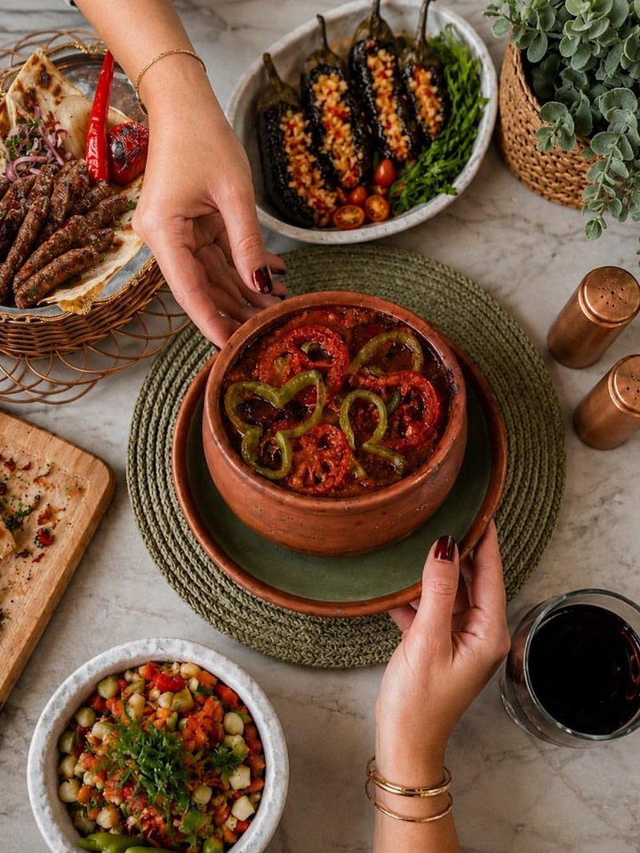 A clay pot of moussaka set down on a full table.